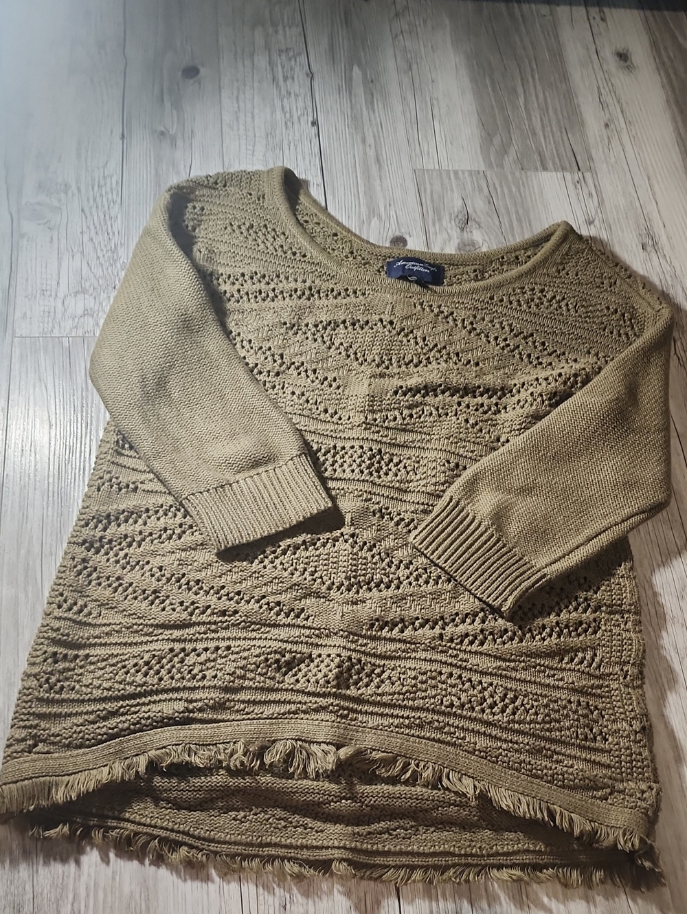 American Eagle Outfitters Olive Openwork Crewneck Sweater with Fringe